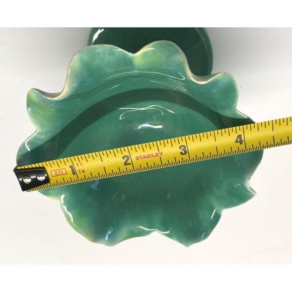 Free Form Opalescent Green Ruffled Edge Pedestal Trinket Bowl Dessert Dish - Picture 5 of 10